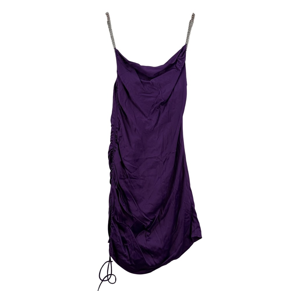 Chain‎ Strap Satin Dress Womens Small Purple Cowl Neck Ruched Drawstring Mini